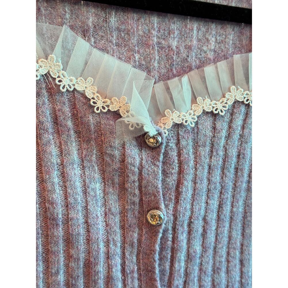 $190 2-Piece Cashmere & Wool Skirt Sweater Set Purple White Lace O/S NWT - Picture 6 of 7